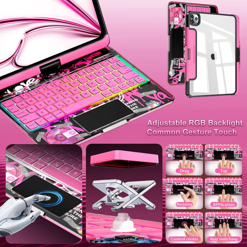 GLOWSPAD Pro - 360° Rotating Transparent iPad Keyboard with 7-Color RGB Backlight
