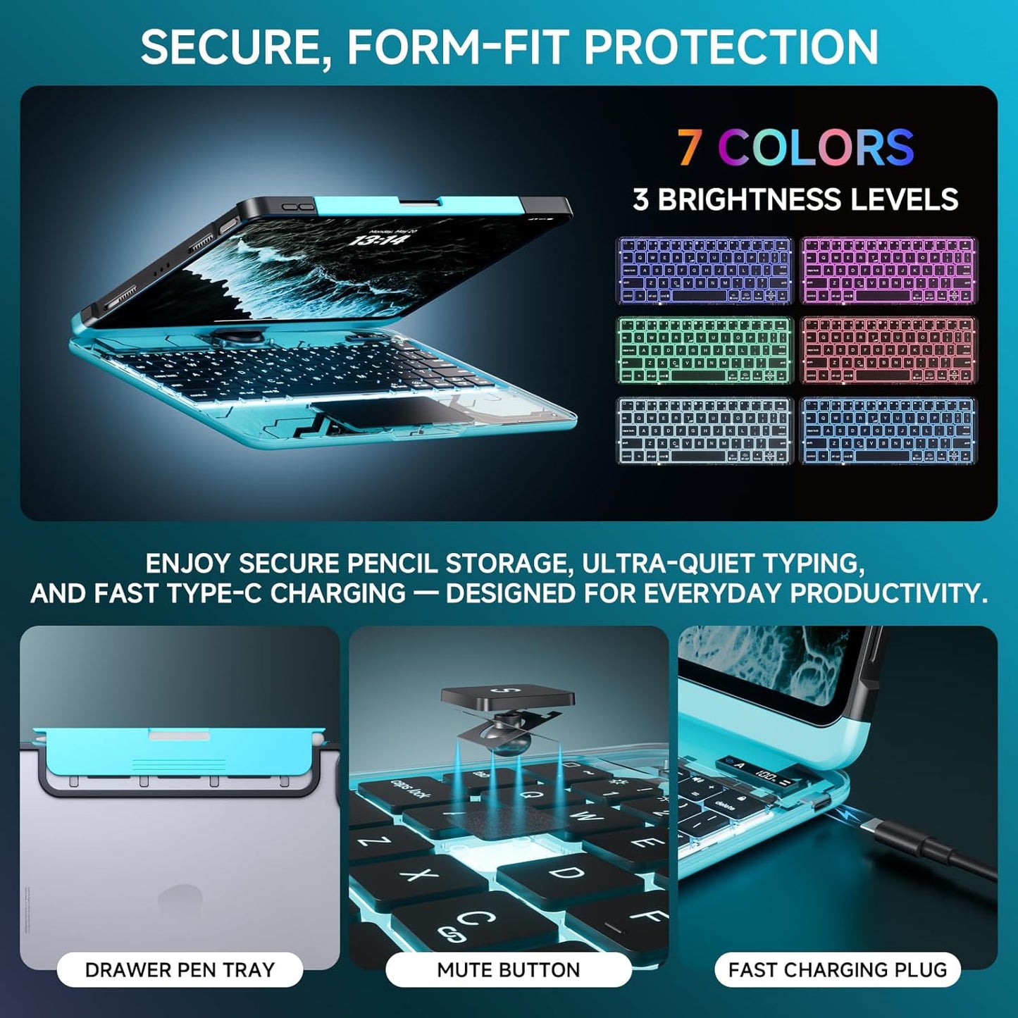 GLOWSPAD Pro - 360° Rotating Transparent iPad Keyboard with 7-Color RGB Backlight