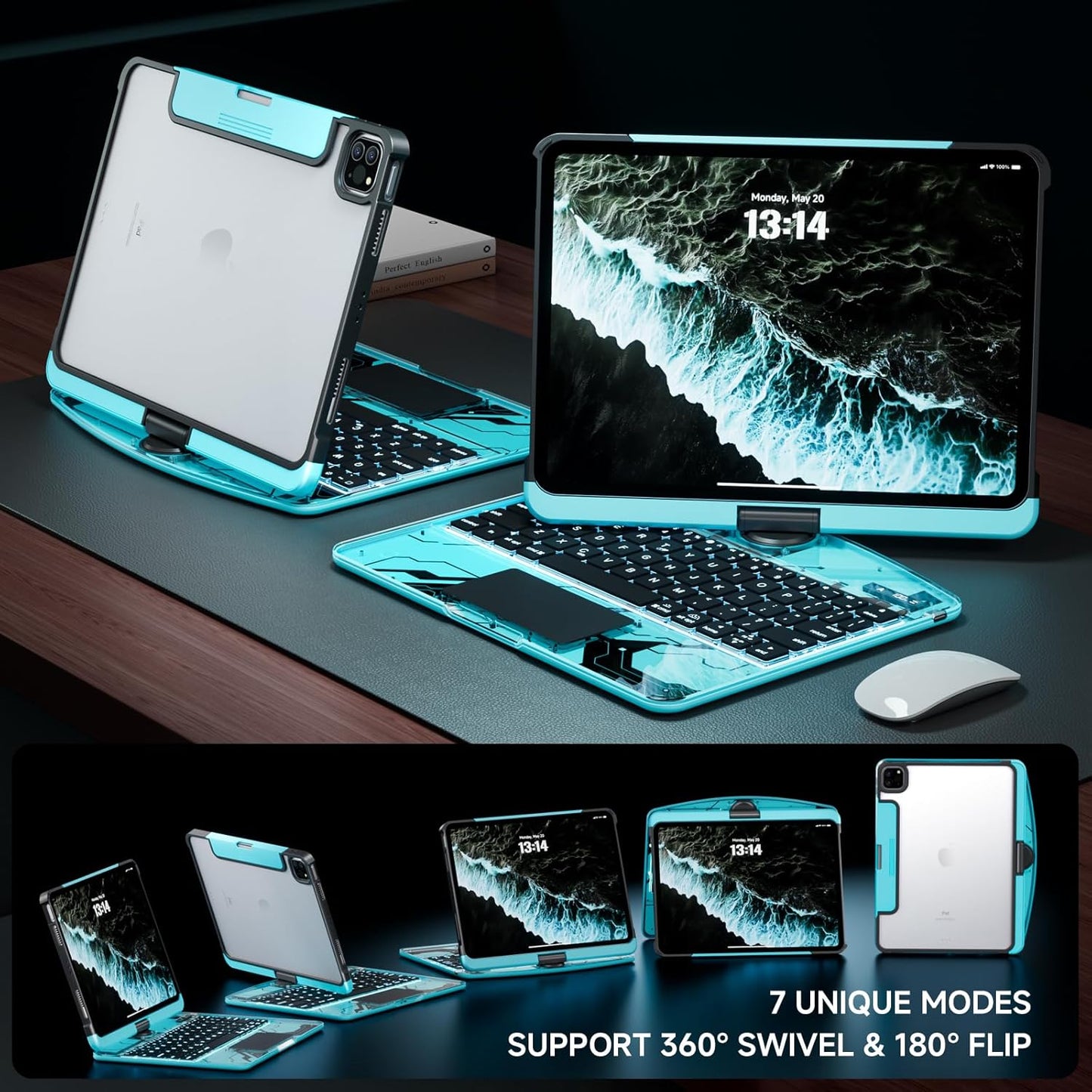 GLOWSPAD Pro - 360° Rotating Transparent iPad Keyboard with 7-Colour Backlight