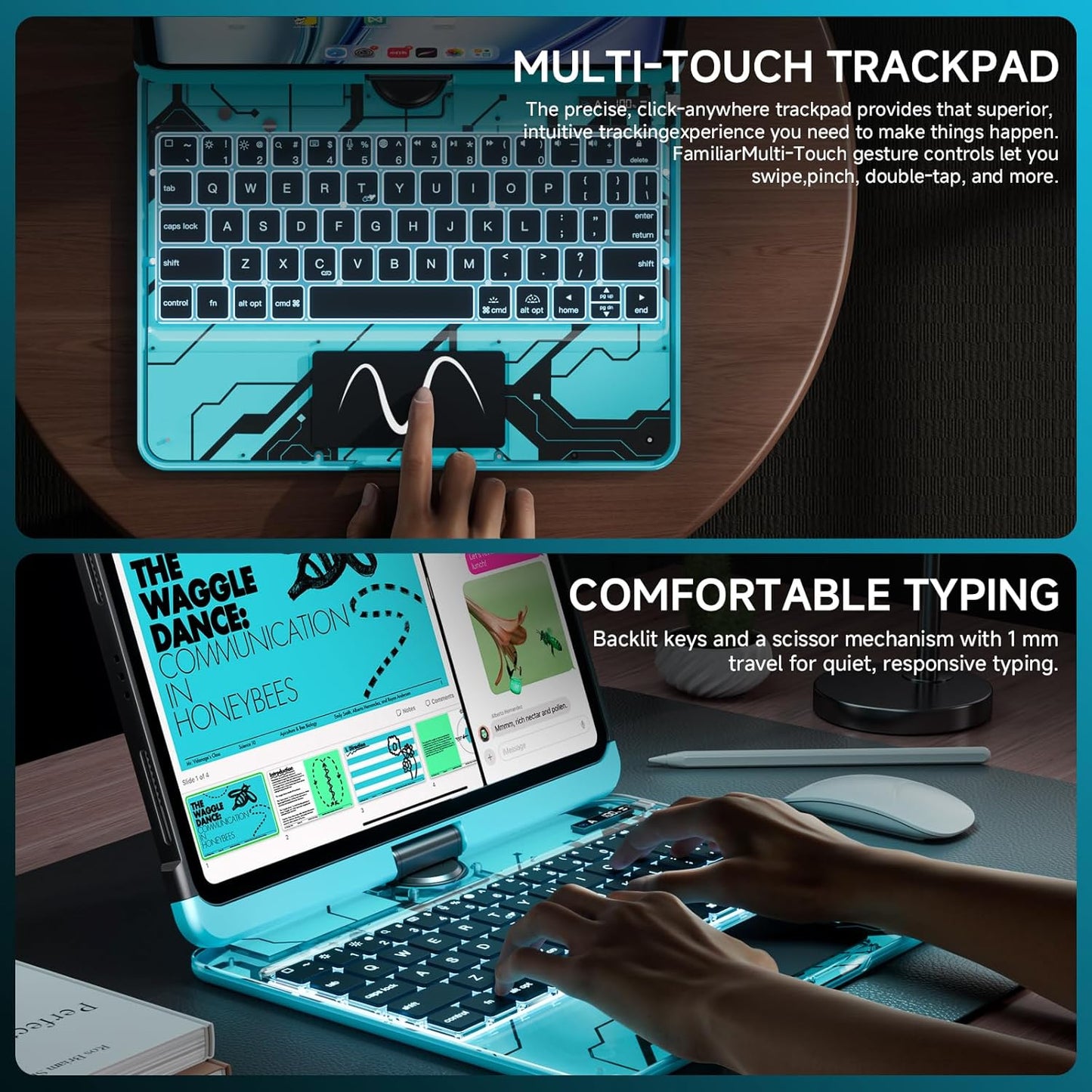 GLOWSPAD Pro - 360° Rotating Transparent iPad Keyboard with 7-Colour Backlight