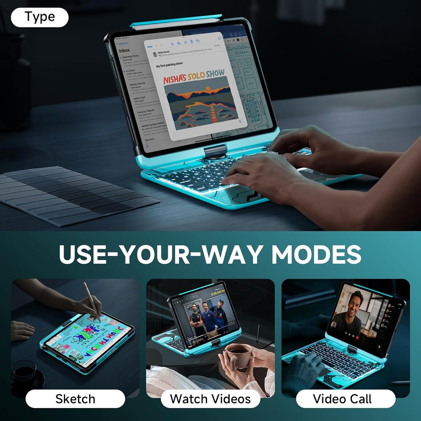 GLOWSPAD Pro - 360° Rotating Transparent iPad Keyboard with 7-Color RGB Backlight