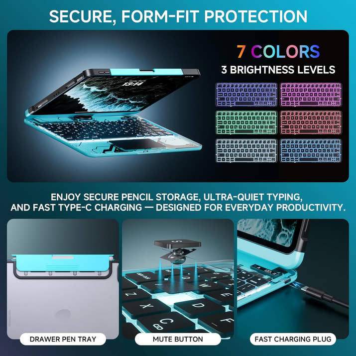 GLOWSPAD Pro - 360° Rotating Transparent iPad Keyboard with 7-Color RGB Backlight