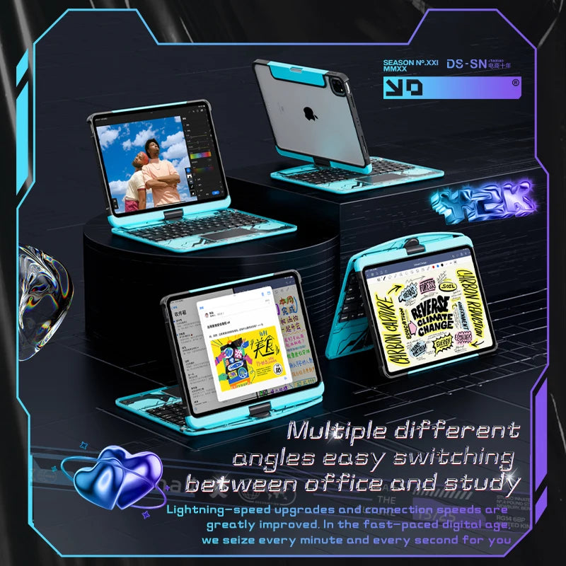GLOWSPAD Pro - 360° Rotating Transparent iPad Keyboard with 7-Color RGB Backlight