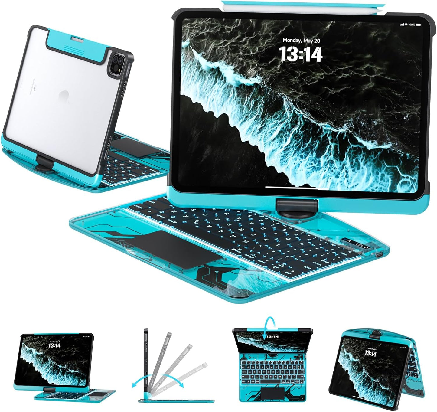 GLOWSPAD Pro - 360° Rotating Transparent iPad Keyboard with 7-Color RGB Backlight